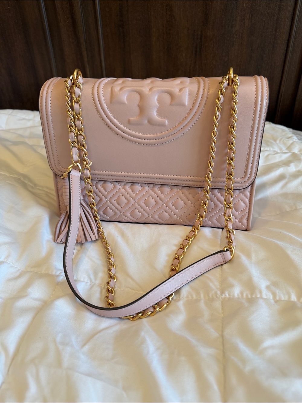Tory Burch Fleming Shell Pink Quilted Leather Chain Shoulder Bag